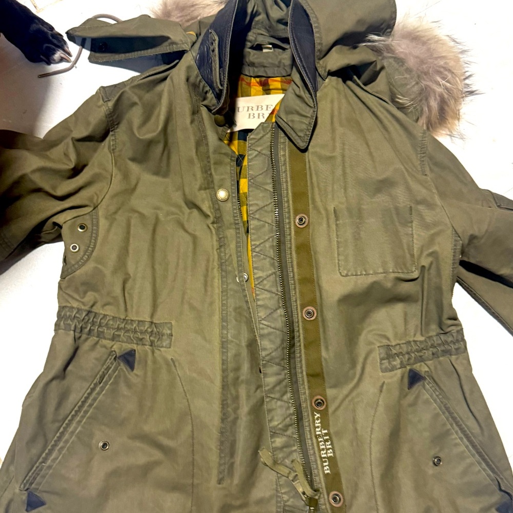 Burberry Parka with leather collar and yellow check removable vest.